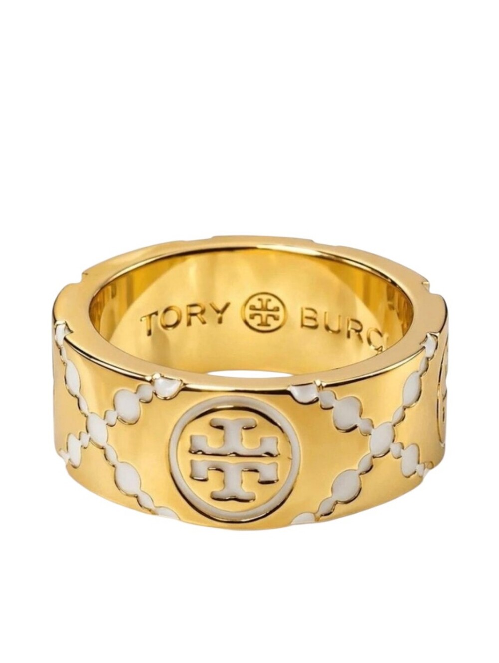 Tory Burch Gold and White Enamel Logo Wide Band